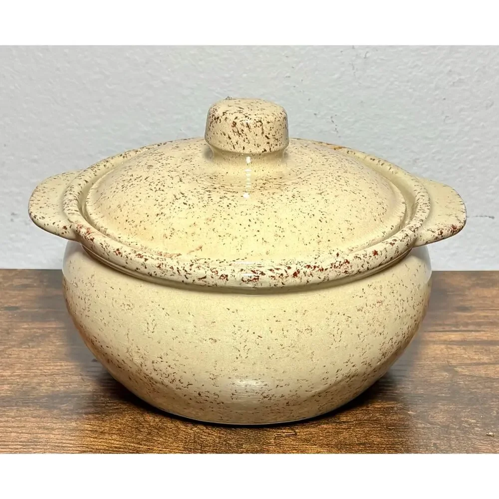 Vtg Monmouth Pottery Bean Pot Casserole Brown Speckled Stoneware Maple Leaf 2 Qt